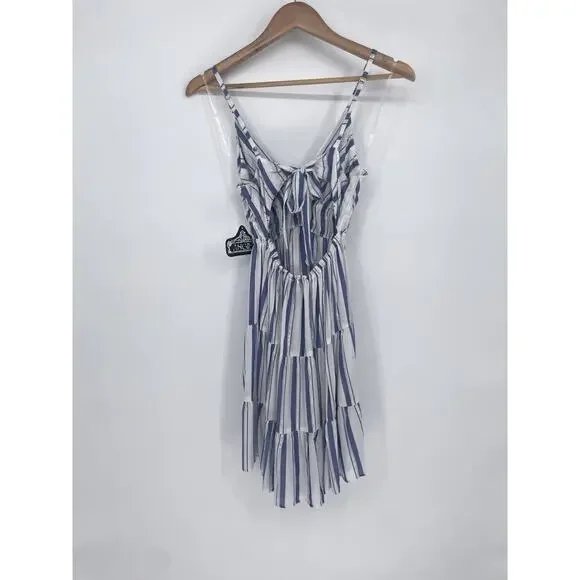 Angie Striped Tiered Coastal Sundress Women’s Large Blue White Shimmer Tie Back - Picture 3 of 12